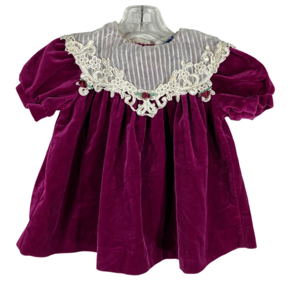 Vintage THOMAS VELVET DRESS Magenta w/White Lace Collar Embroidered Rosettes 12M